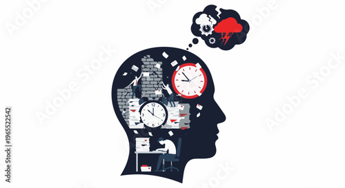 Overworked person inside a head with clocks and falling papers, stormy thoughts