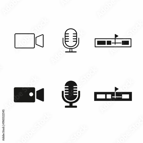 Video camera and microphone icons with editing symbols in black and white