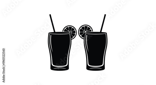 Two dark glasses of citrus drinks with fruit stark silhouette