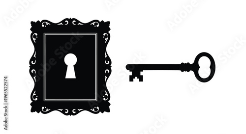 Antique key and ornate frame with keyhole a striking silhouette