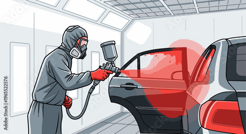 Painter in a protective suit sprays a red color onto a car door in a booth
