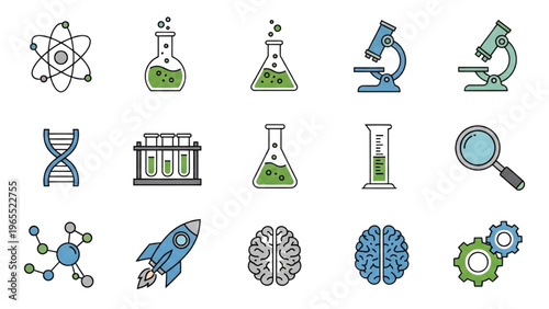 Vector icon sheet depicts science symbols and equipment for research