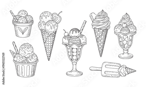 Hand drawn ice cream collection in cones cups and sundaes