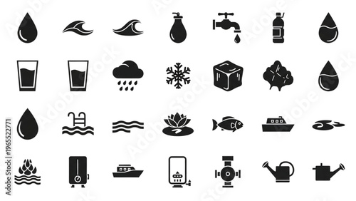 Vector Icon Sheet of Various Water and Drink Symbols and Objects