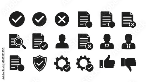 Vector icon sheet features various document and checklist symbols.