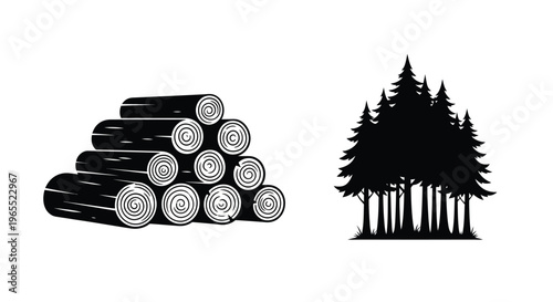 Stacked logs and coniferous trees form a striking black silhouette