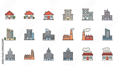 Vector icon sheet of various buildings and structures