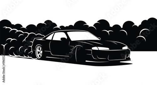 Drifting sports car creates tire smoke in a dramatic silhouette