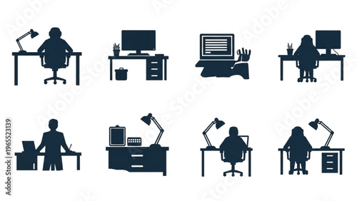 Vector Icon Sheet of People Working at Office Desks with Computers