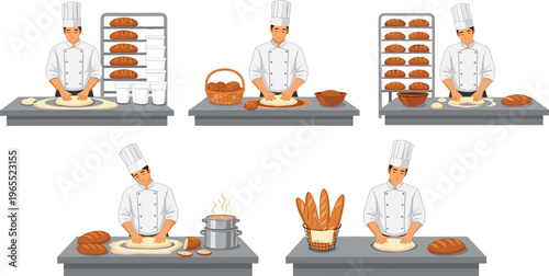 Professional baker making bread dough vector illustration set showing kneading, shaping, proofing and baking process in bakery kitchen environment