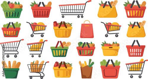 Shopping baskets and carts with groceries vector illustration set featuring fruits, vegetables, bread and supermarket retail collection elements