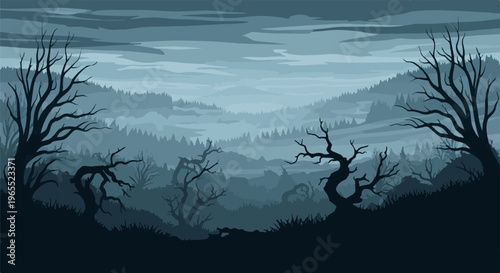 Misty, desolate forest valley under a cloudy, twilight sky with silhouetted trees