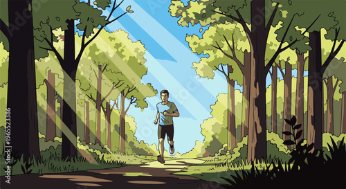 Man jogging on path through sun-dappled forest