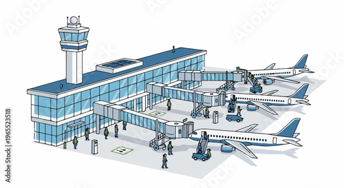 Modern airport terminal with jet bridges, planes, and control tower