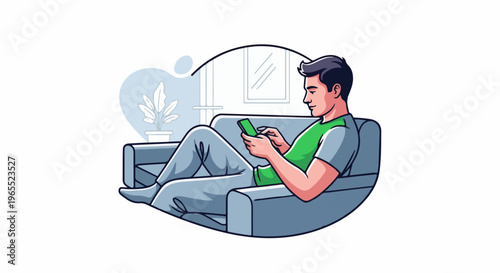 Man lounging on sofa, engrossed in his smartphone