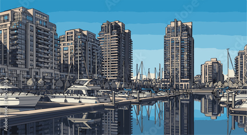 Modern apartment buildings overlook a marina filled with luxury yachts on a sunny day