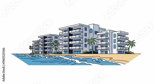 Modern apartment buildings with balconies on a sandy beach beside ocean waves