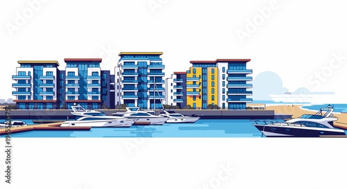 Modern apartments and luxury yachts in a scenic waterfront setting