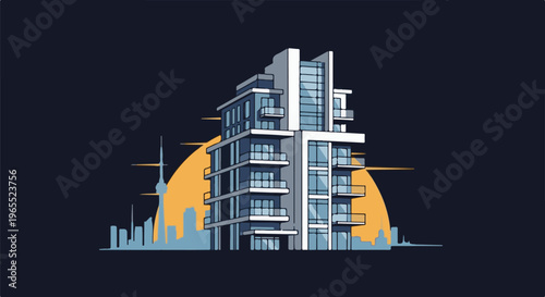 Modern building with balconies against a sunset city skyline