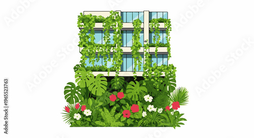 Modern building facade draped in lush, green vegetation and vibrant flowers