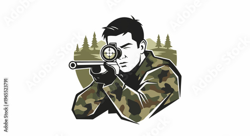 Military man aiming rifle with scope amidst forest trees