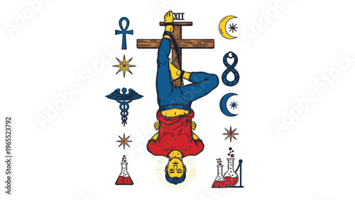 The Hanged Man Tarot Card Vector Illustration with Alchemical Symbols and Scientific Elements, Esoteric and Mystical Concept Art for Spiritual Guidance and Transformation