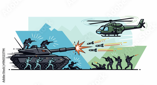 Military conflict with a tank, helicopter, and soldiers in a mountainous landscape
