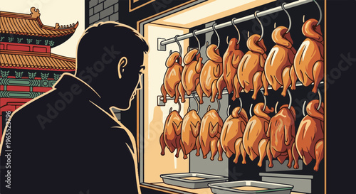 Man observes roasted poultry hanging in a window with traditional architecture