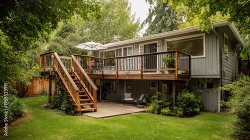 Exterior of a grey rambler featuring elevated decks, wooden railings, and a manicured back yard