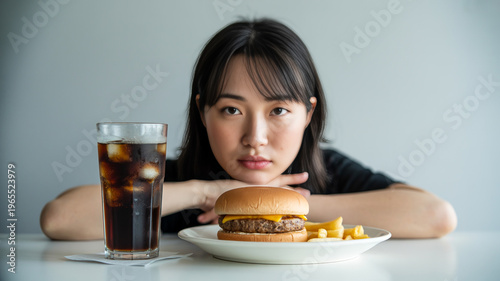 Fast Food Choice Woman Looking at Burger Fries and Soda on Gray Background