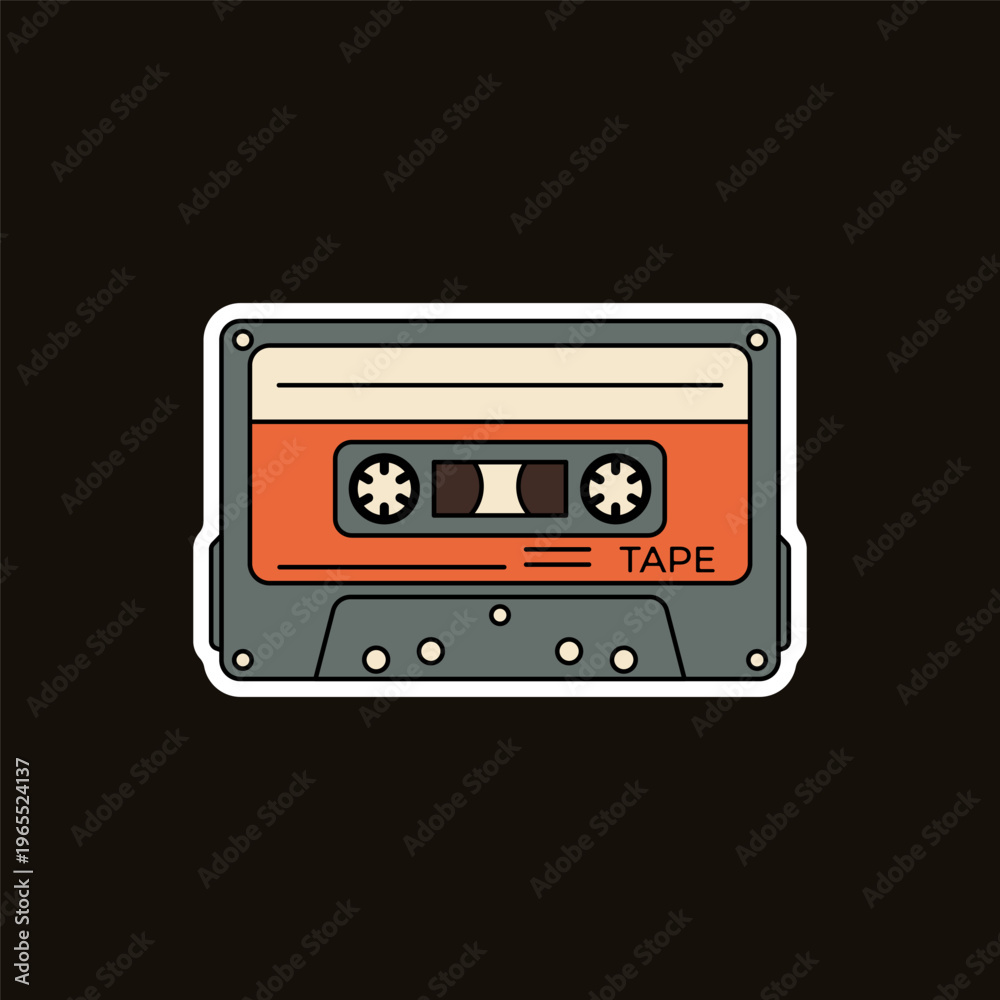 Fototapeta premium A vintage orange and grey cassette tape on a dark background. Stock Vector Groovy Sticker