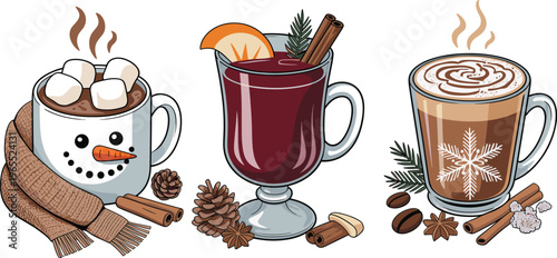 Winter festive drinks vector illustration set with hot chocolate marshmallows, mulled wine with orange and spices, and creamy latte coffee