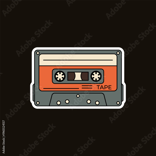 A vintage orange and grey cassette tape on a dark background. Stock Vector Groovy Sticker