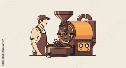 Man operating a coffee bean roasting machine, fresh beans cooling