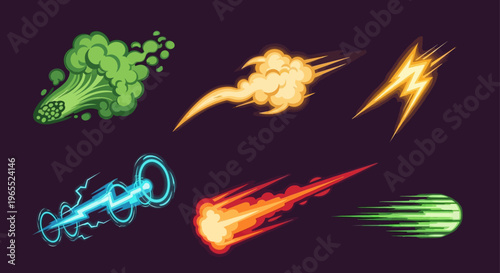 Cartoon Game Special Effects Asset Pack, VFX Energy Beams, Fireball, Lightning Bolt, and Toxic Gas Illustration for UI Design and Animation