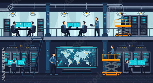 Data Center and Network Operations Center Illustration with IT Professionals Managing Global Server Infrastructure and Cloud Connectivity