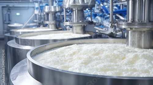 Industrial food processing factory with large stainless steel tanks of bubbling milk