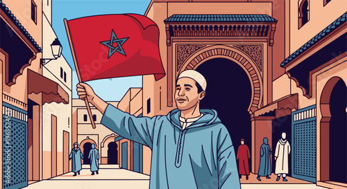 Man proudly waves Moroccan flag in sunlit, pixelated medina street