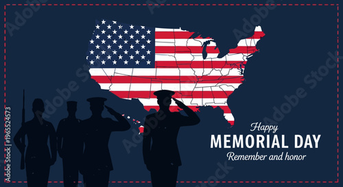Memorial Day Banner with Saluting Military Silhouettes and USA Map American Flag
