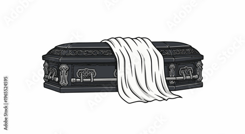 Ornate dark coffin with draped white fabric, symbolic of final rest