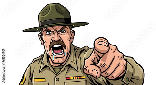 Furious Military Drill Sergeant Shouting and Pointing Finger Illustration, Angry Army Instructor Comic Art Character on White Background
