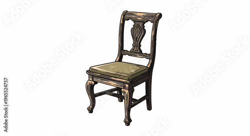 Ornate, dark wooden chair with a worn, light green upholstered seat