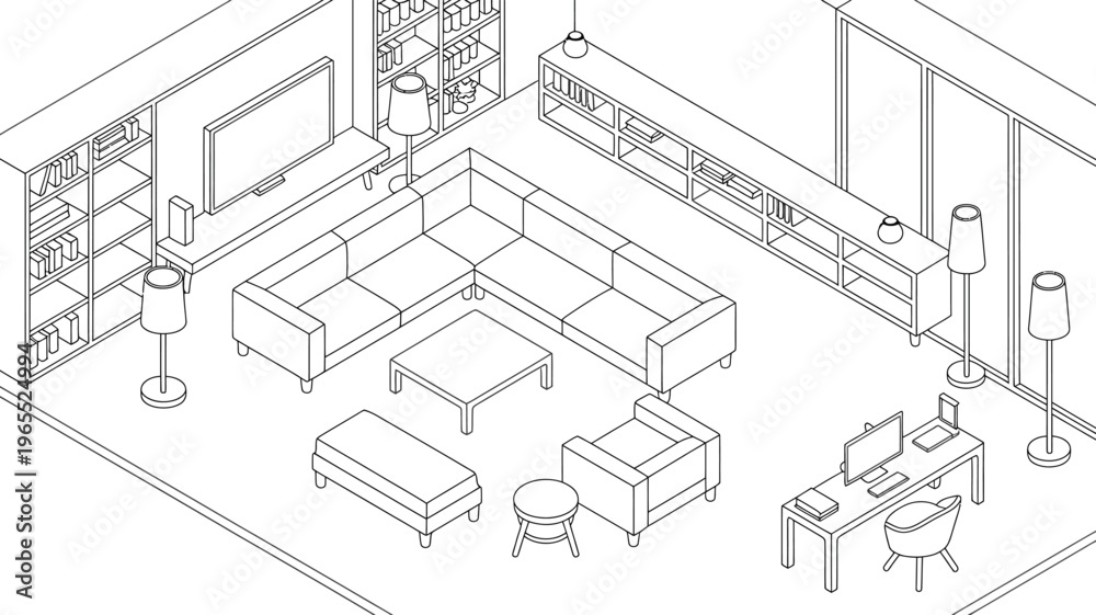 Fototapeta premium Isometric Room Interior Furniture Set with Living Room Sofa Table Chair and Office Desk Setup