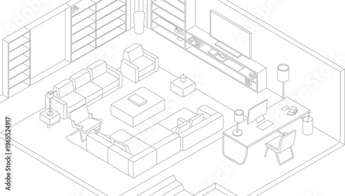 Isometric Living Room Interior Layout with Furniture and Office Workspace Line Art Illustration