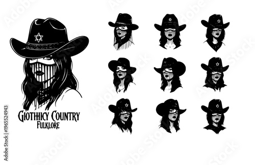 Gothic Western Cowgirl with Veiled Hat Silhouette, Dark Country Romance Vector Sticker, Alternative Americana Folklore Icon