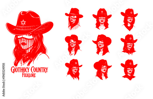 Gothic Western Cowgirl with Veiled Hat Silhouette, Dark Country Romance Vector Sticker, Alternative Americana Folklore Icon
