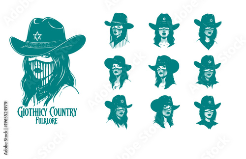 Gothic Western Cowgirl with Veiled Hat Silhouette, Dark Country Romance Vector Sticker, Alternative Americana Folklore Icon