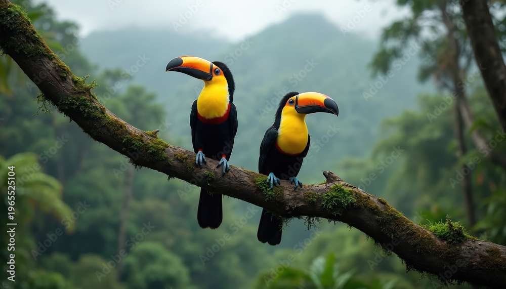 Naklejka premium Two toucans rest on a moss covered branch in rich green forest. These colorful birds have large distinctive beaks and black plumage with yellow chests. They look alertly in different directions.