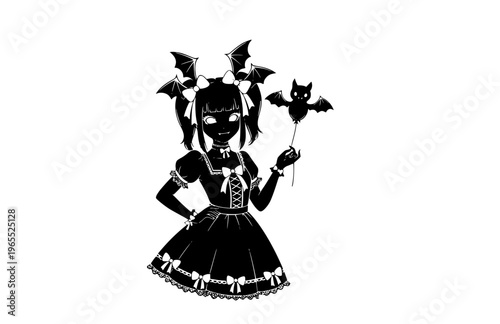 Pastel Goth Girl with Bat Wing Hair Bows Silhouette, Creepy Cute Kawaii Vector Sticker, Playful Alternative Pop Culture Icon