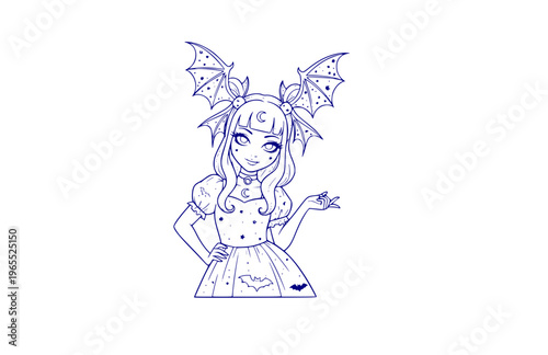 Pastel Goth Girl with Bat Wing Hair Bows Silhouette, Creepy Cute Kawaii Vector Sticker, Playful Alternative Pop Culture Icon